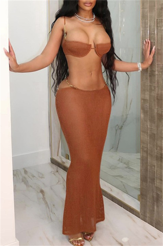 Sexy Solid Hollowed Out Backless Spaghetti Strap Sleeveless Two Pieces