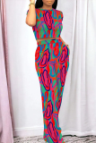 Casual Geometric Print Pocket Contrast O Neck Short Sleeve Two Pieces