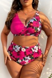 Sexy Print Patchwork Backless V Neck Plus Size Swimwear (With Paddings)