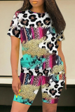 Casual Geometric Print Leopard Contrast O Neck Short Sleeve Two Pieces