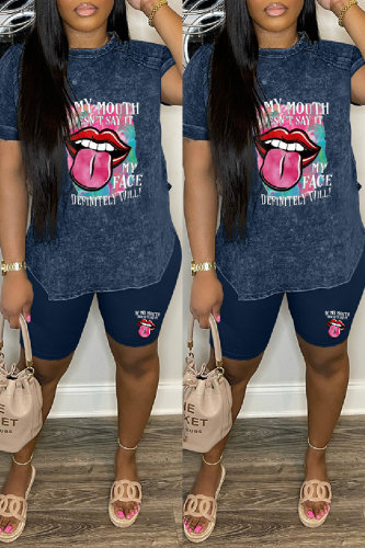 Blue Casual Print Basic O Neck Short Sleeve Two Pieces