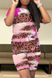 Casual Geometric Print Leopard Contrast O Neck Short Sleeve Two Pieces