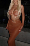 Sexy Solid Hollowed Out Backless Spaghetti Strap Sleeveless Two Pieces