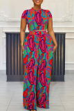 Casual Geometric Print Pocket Contrast O Neck Short Sleeve Two Pieces