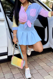 Casual Striped Patchwork Pocket Buckle Pleated Turndown Collar Three Quarter Two Pieces
