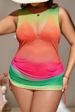 Sexy Gradient Print Bandage See-through O Neck Plus Size Swimwear Three Piece Set