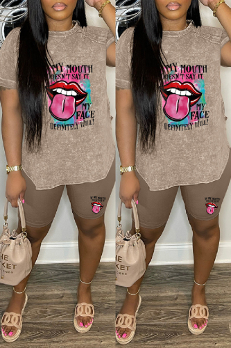Dark Brown Casual Print Basic O Neck Short Sleeve Two Pieces