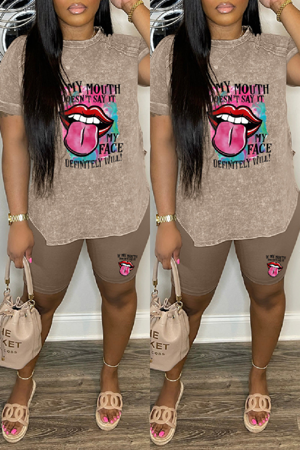 Dark Brown Casual Print Basic O Neck Short Sleeve Two Pieces