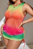 Sexy Gradient Print Bandage See-through O Neck Plus Size Swimwear Three Piece Set