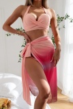 Sexy Gradient Print Bandage Backless Swimsuit Three Piece Set (With Paddings)