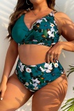 Sexy Print Patchwork Backless V Neck Plus Size Swimwear (With Paddings)