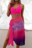 Sexy Gradient Print Bandage Backless Swimsuit Three Piece Set (With Paddings)