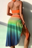 Sexy Gradient Print Bandage Backless Swimsuit Three Piece Set (With Paddings)