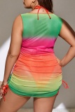 Sexy Gradient Print Bandage See-through O Neck Plus Size Swimwear Three Piece Set