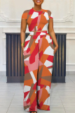 Casual Geometric Print Pocket Contrast O Neck Short Sleeve Two Pieces