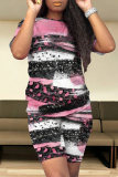 Casual Geometric Print Leopard Contrast O Neck Short Sleeve Two Pieces