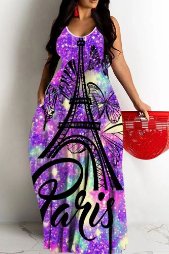 Sexy Casual Print Backless Spaghetti Strap Long Dresses