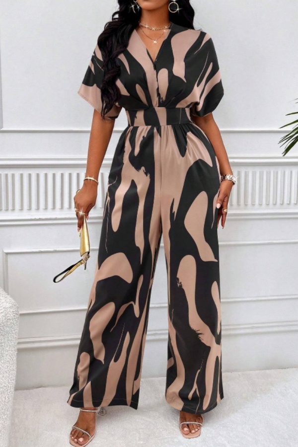 Casual Print Patchwork V Neck Regular Jumpsuits