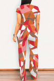 Casual Geometric Print Pocket Contrast O Neck Short Sleeve Two Pieces