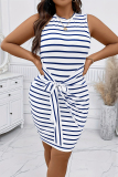 Elegant Striped Bandage Patchwork O Neck Wrapped Skirt Plus Size Dresses