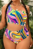 Sexy Print Patchwork Backless One Shoulder Plus Size Swimwear (With Paddings)