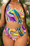 Sexy Print Patchwork Backless One Shoulder Plus Size Swimwear (With Paddings)