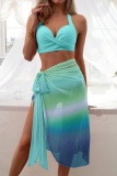 Sexy Gradient Print Bandage Backless Swimsuit Three Piece Set (With Paddings)