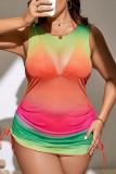 Sexy Gradient Print Bandage See-through O Neck Plus Size Swimwear Three Piece Set