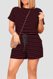 Casual Striped Patchwork Draw String Pocket O Neck Regular Rompers