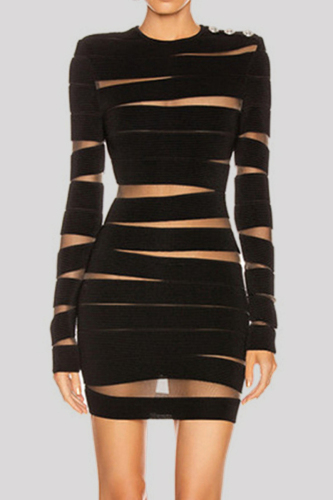 Sexy Patchwork See-through O Neck Long Sleeve Dresses