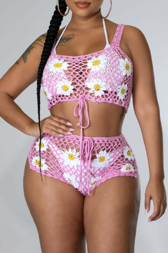 Casual Floral Bandage Hollowed Out Patchwork See-through Backless Square Collar Sleeveless Two Pieces