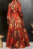 Casual Print With Belt Turndown Collar Long Dresses