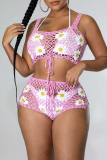 Casual Floral Bandage Hollowed Out Patchwork See-through Backless Square Collar Sleeveless Two Pieces