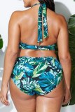 Sexy Print Bandage Backless Halter Plus Size Swimwear (With Paddings)