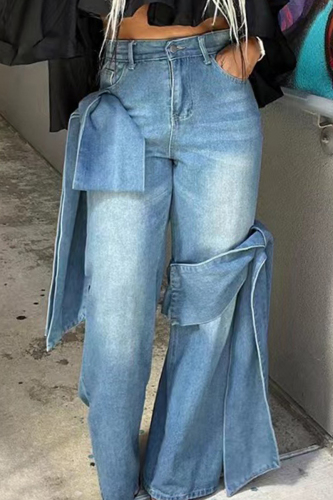 Casual Solid Patchwork High Waist Regular Denim Jeans Casual Solid Patchwork High Waist Regular Denim Jeans