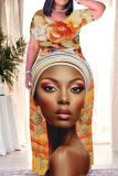 Casual Print Basic V Neck Long Dress Dresses
