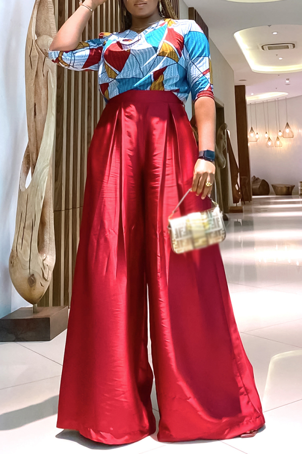 Graphic Print Deep V Neck Half Sleeve Blouse and Palazzo Pants Casual Vacation Two Piece Trousers Set