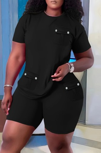 Casual Solid Patchwork Pocket O Neck Short Sleeve Two Pieces