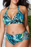 Sexy Print Bandage Backless Halter Plus Size Swimwear (With Paddings)