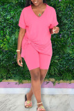 Light Purple Casual Solid Patchwork V Neck Short Sleeve Two Pieces