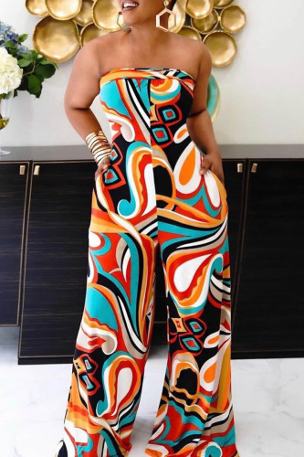 Colour Boho Print Sleeveless Strapless Cinch Waist Casual Vacation Plus Size Wide Leg Jumpsuit