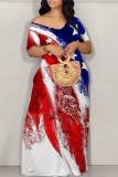 Casual Mixed Printing Letter American Flag Flowers Off the Shoulder Printed Dresses