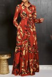 Casual Print With Belt Turndown Collar Long Dresses