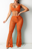 Sexy Solid Bandage Hollowed Out See-through Backless Weave Halter Sleeveless Two Pieces