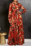 Casual Print With Belt Turndown Collar Long Dresses