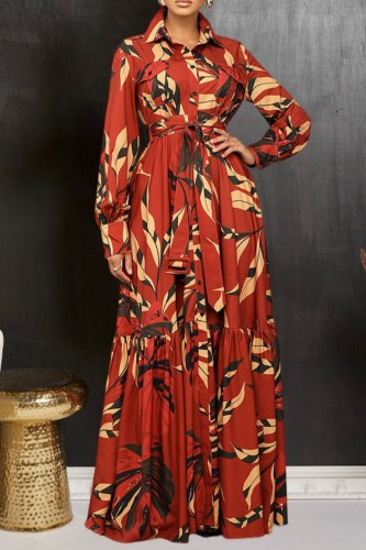 Casual Print With Belt Turndown Collar Long Dresses