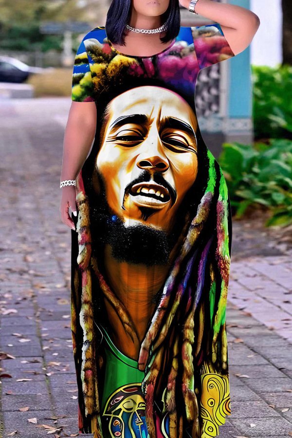 Casual Print Basic O Neck Long Dresses