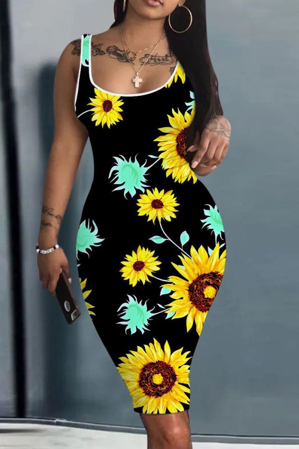 Casual Print Basic U Neck Vest Dresses