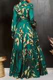 Casual Print With Belt Turndown Collar Long Dresses