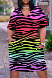 Casual African Print V Neck Short Sleeve Pokcets Loose T-Shirt Midi Dress